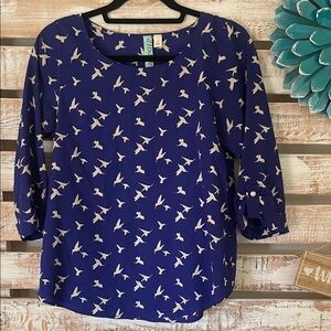 Elegant Blue Bird Pattern Blouse Size Small